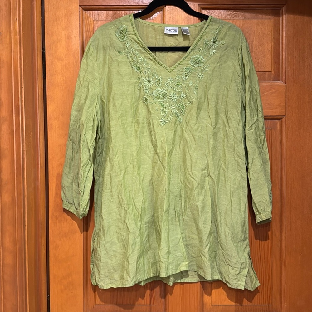 Beautiful green sheer Chico’s floral embroidered three-quarter length sleeve